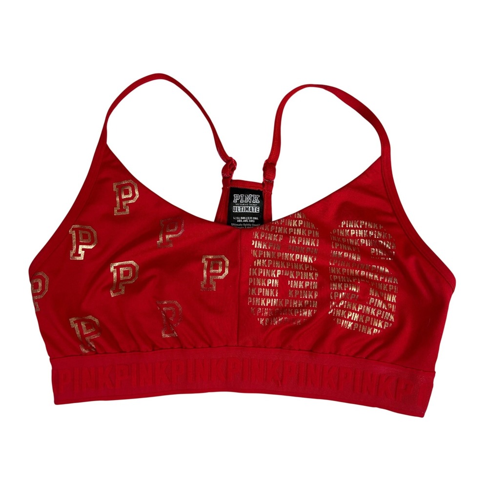 Victoria's Secret PINK Ultimate Sports Bra Red Gold Logo Print Large L RN54867